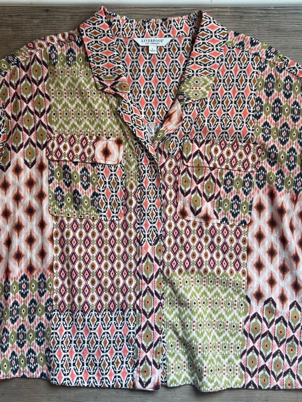 Liverpool Short-Sleeve Geometric Print Button-Down in Olive, Coral, Black, Cream
